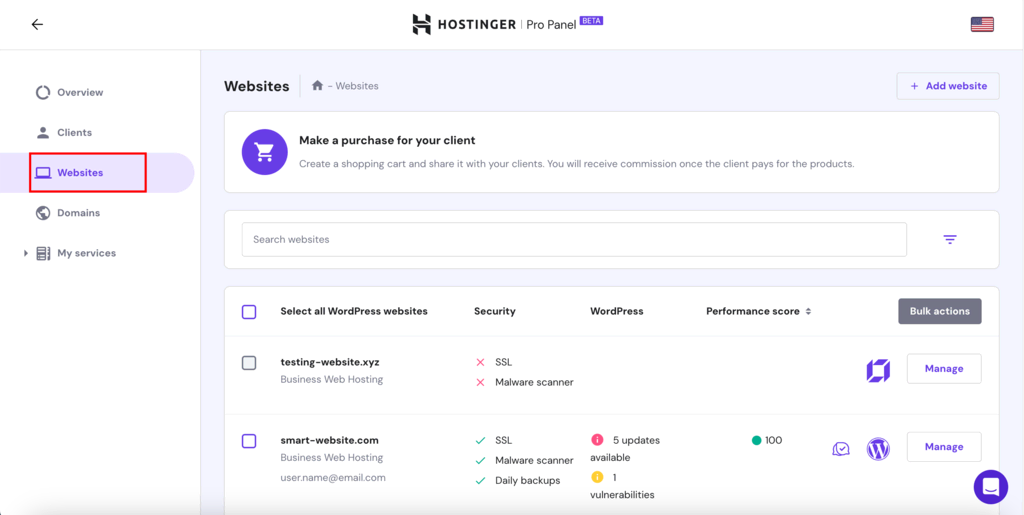 The Websites section in the Hostinger Pro Panel dashboard