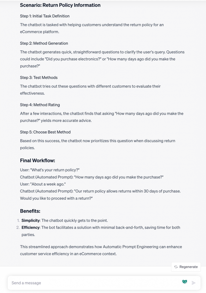 Scenario-based example of automated prompt engineering workflow in action.