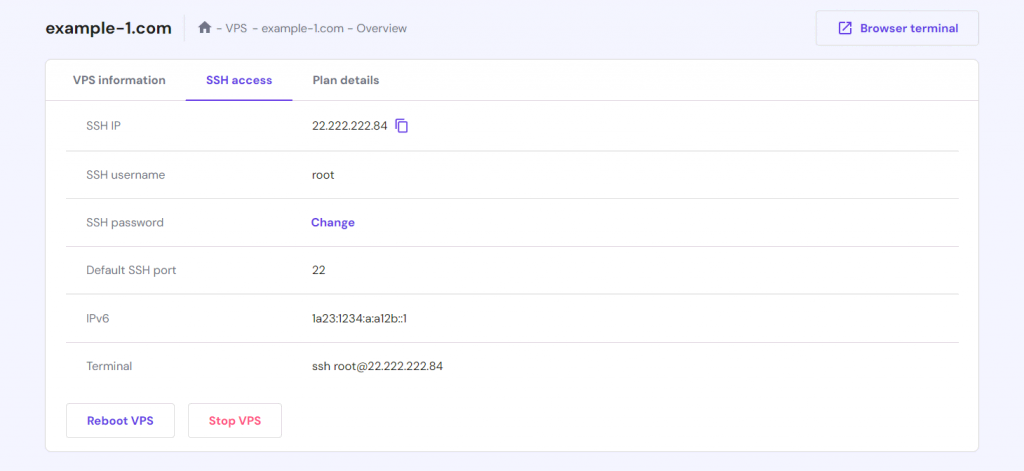 SSH access credentials in hPanel VPS overview menu