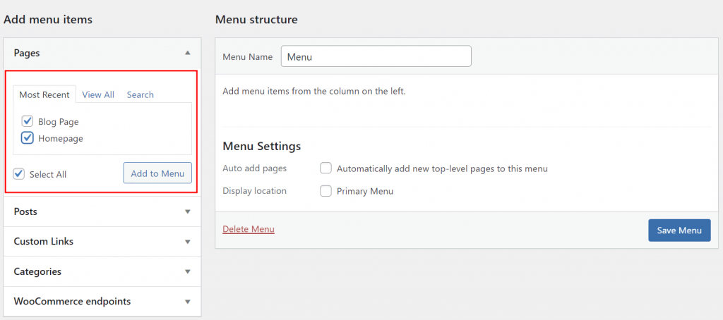 The Add menu items section in WordPress highlighting the Pages tab