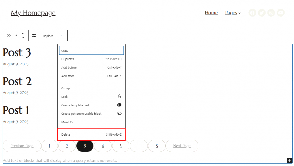 The Delete option to remove the Query Loop block
