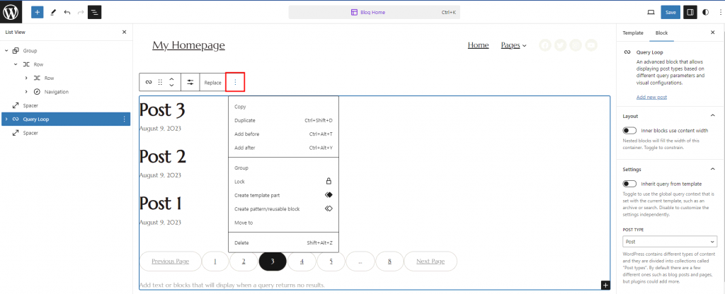 The Options icon when selecting the Query Loop block
