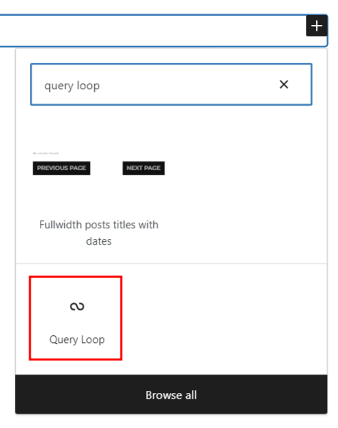 The Query Loop search result when adding a new block
