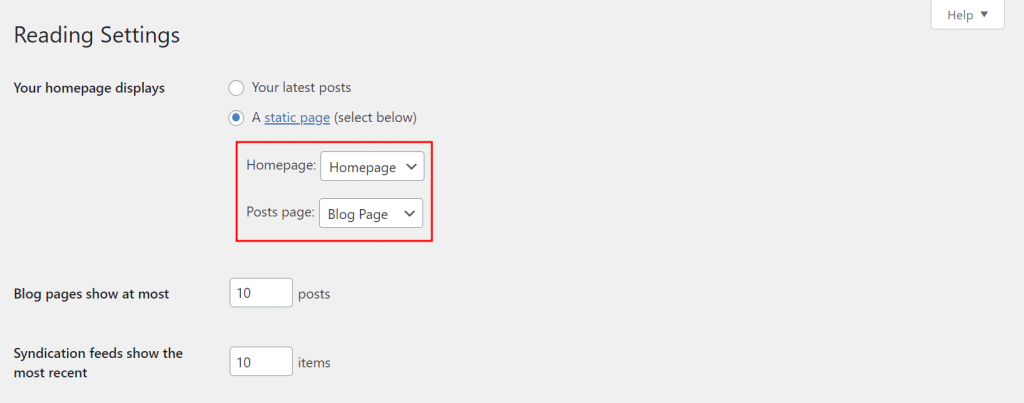 The Reading Settings section in WordPress highlighting the Homepage and Posts page drop-down menus