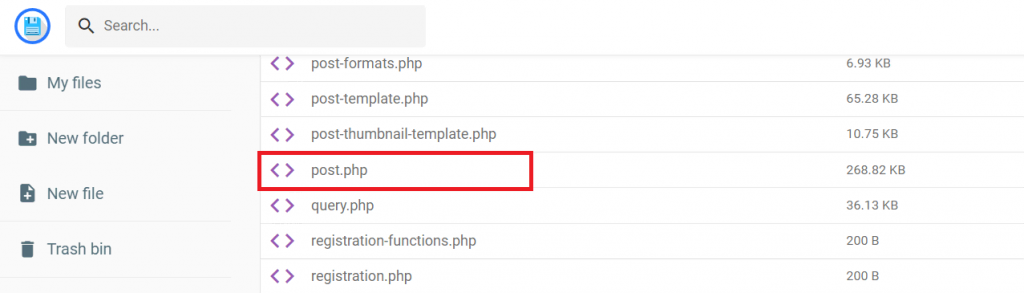 The wp-includes/post.php file is located in the File Manager