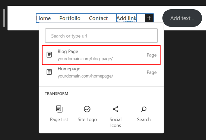 Then Blog Page search result when adding a page to the navigation menu
