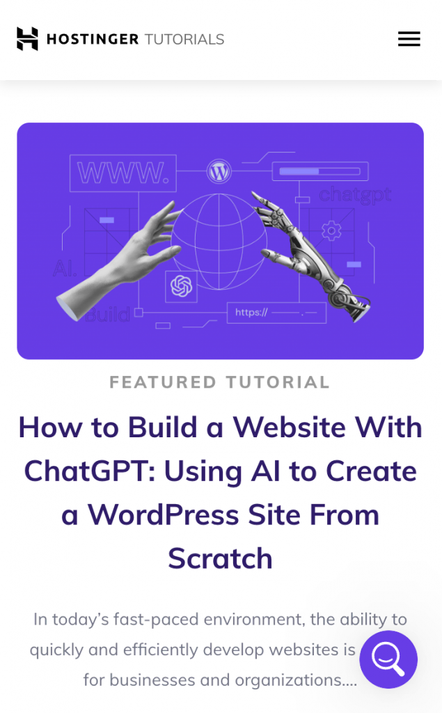 Hostinger Tutorials page as viewed from a mobile device