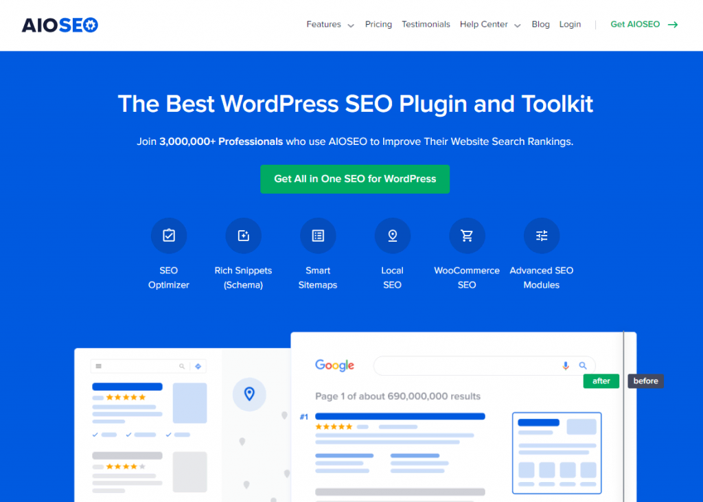 All In One SEO (AIOSEO) 的主頁,一個廣泛使用的WordPress SEO 插件