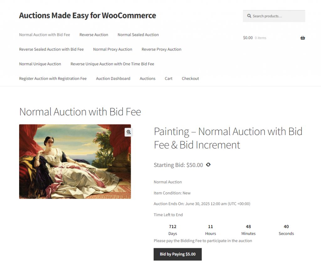 The demo page of Auctions Made Easy for WooCommerce plugin