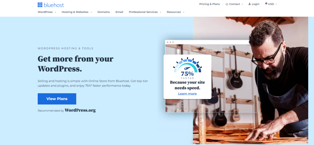 Bluehost's WordPress hosting landing page
