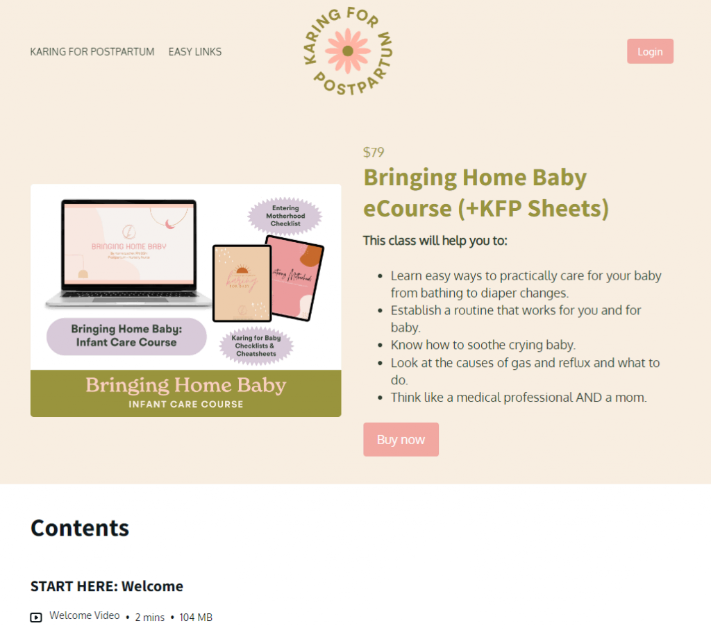 La page du cours en ligne Bringing Home Baby sur le site web de KFP Podia
