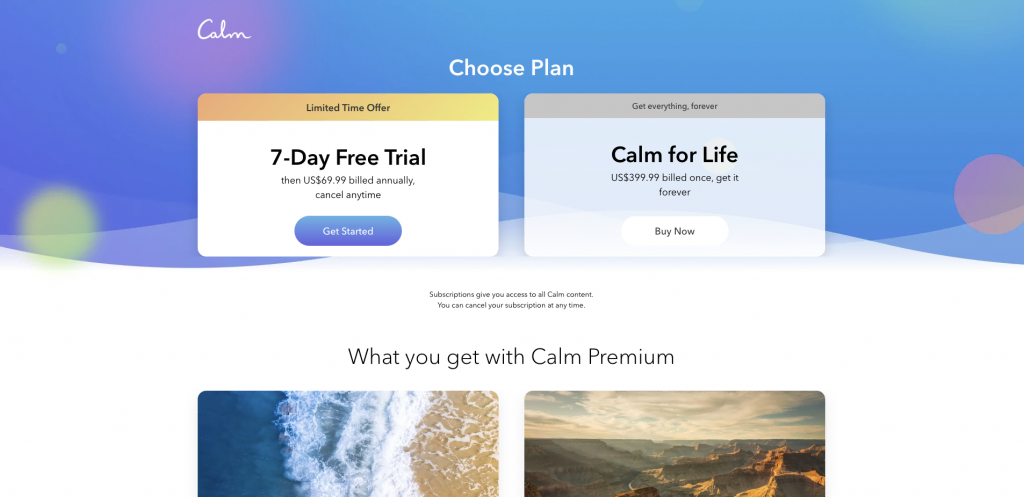 Calm pricing page
