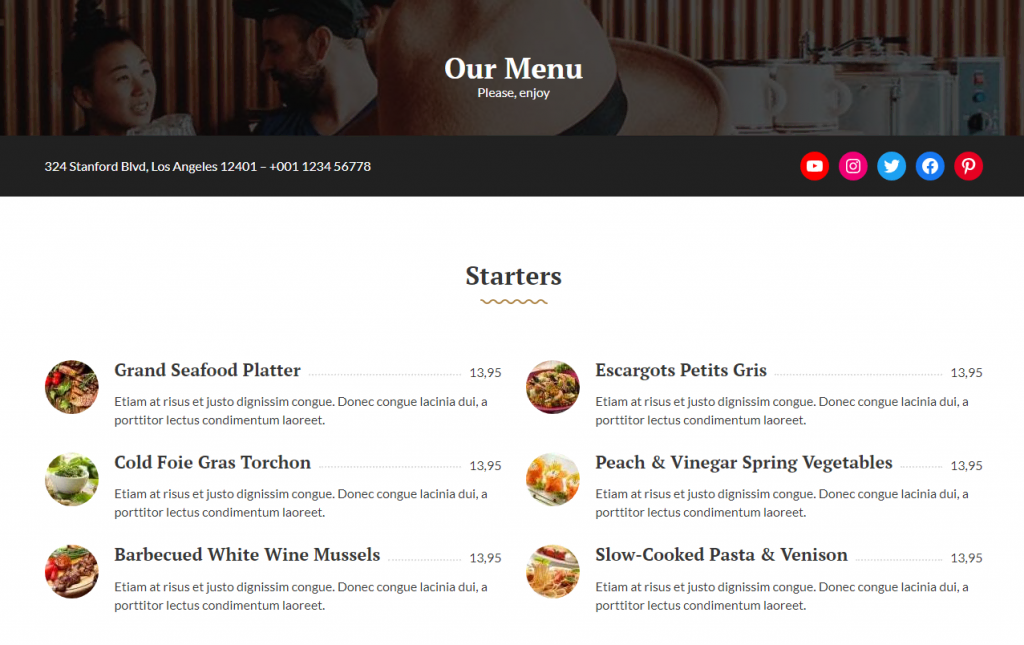 The Carbone theme's demo site showing the menu section