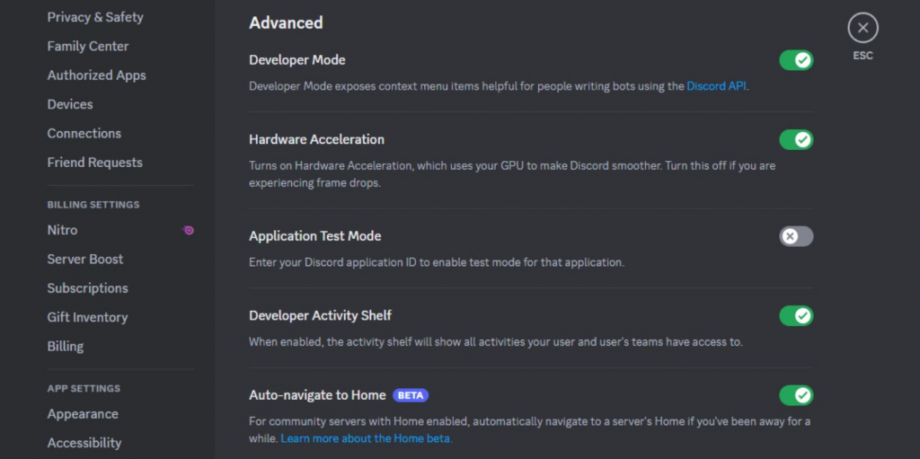 The Developer Mode switch in the Discord application