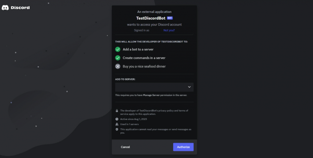 The Discord bot invitation page