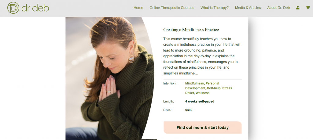 Le site web de Dr. Deb Therapy présente une description du cours et un CTA.