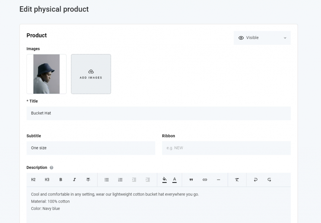 The physical product customization options in Hostinger Website Builder.