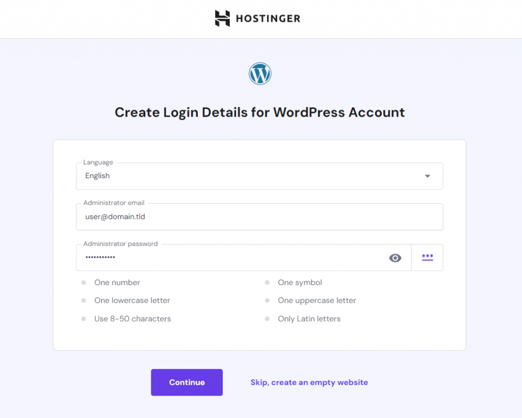 Hostinger 的WordPress 入門中的WordPress 帳戶設定頁面