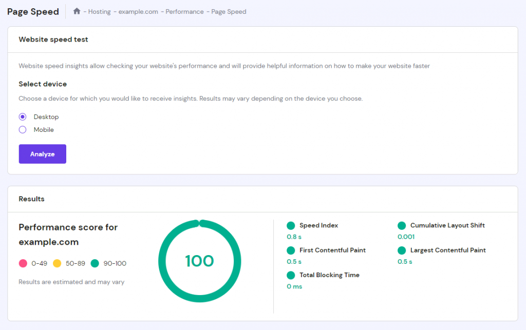 The page speed test feature in hPanel.