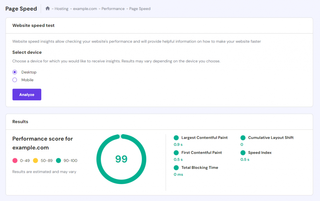 The page speed test interface on hPanel.