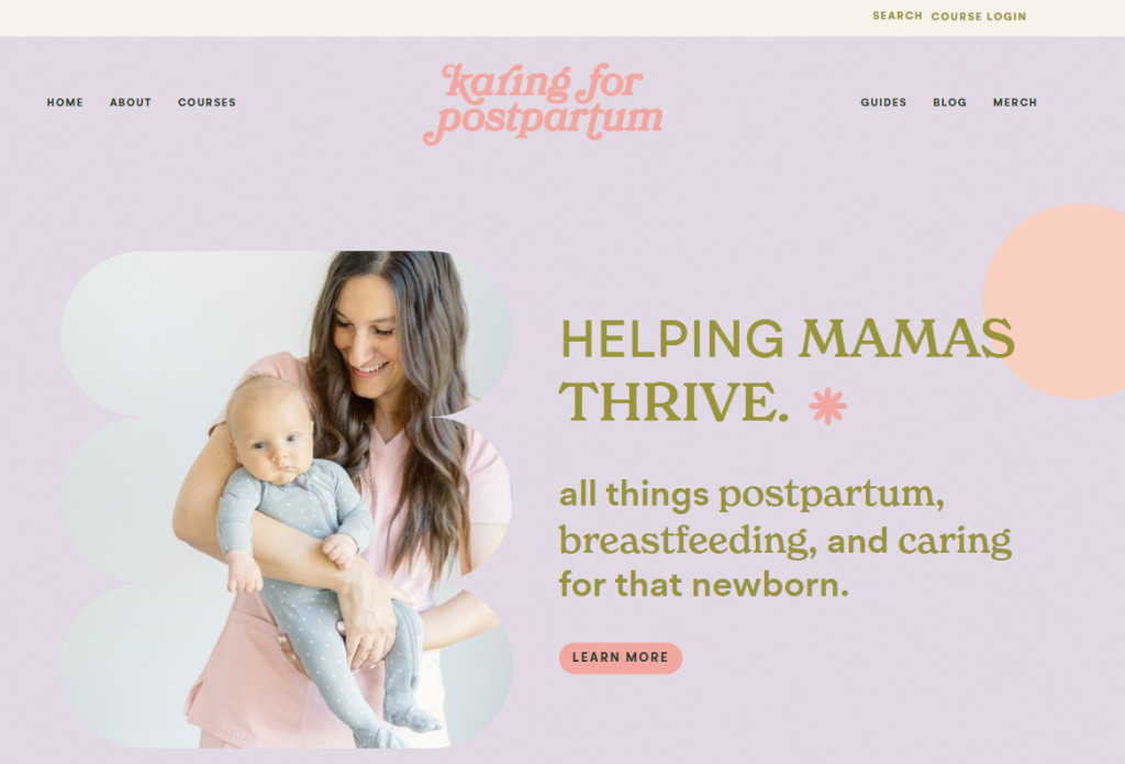 Page d'accueil du site web Karing for Postpartum