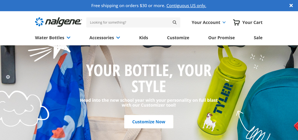 Nalgene 的主頁,一個水瓶品牌,其線上商店使用WordPress 和WooCommerce
