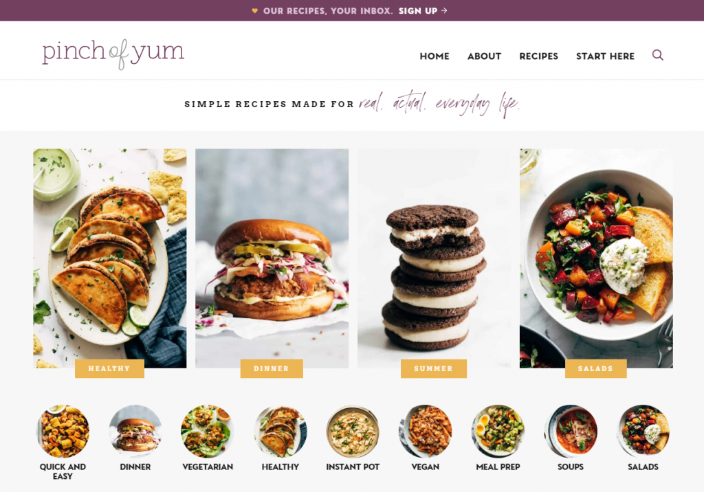 Pinch of Yum 的主頁,這是一個專注於易於遵循的食譜的WordPress 博客