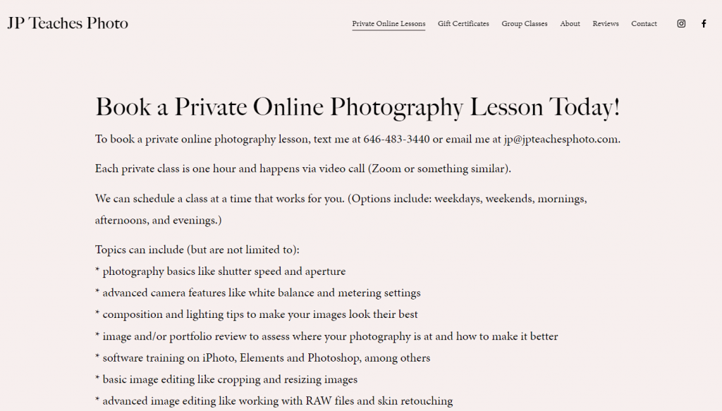 The Private Online Lessons page on JP Teaches Photo's website
