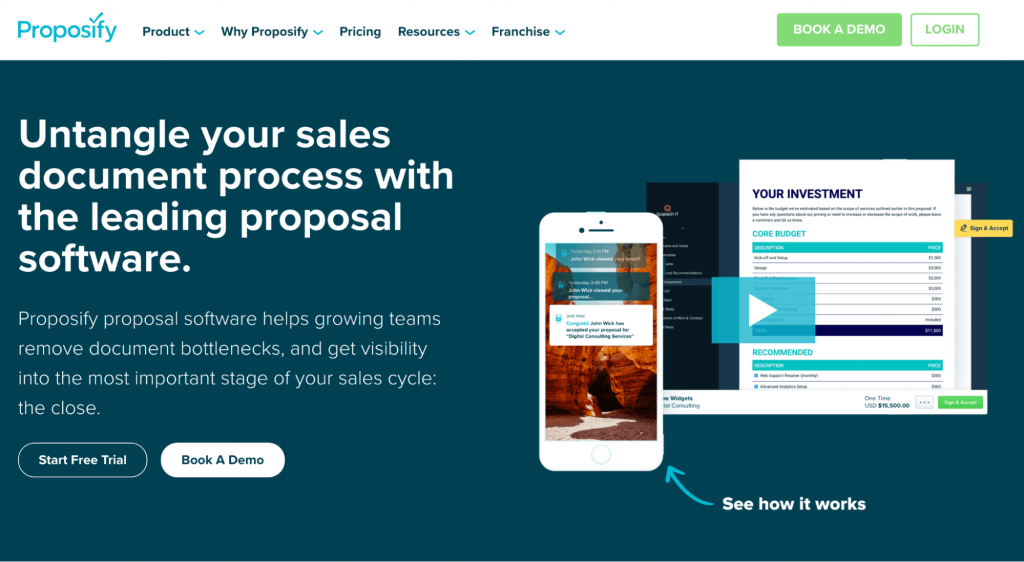 Homepage of the software solution Proposify