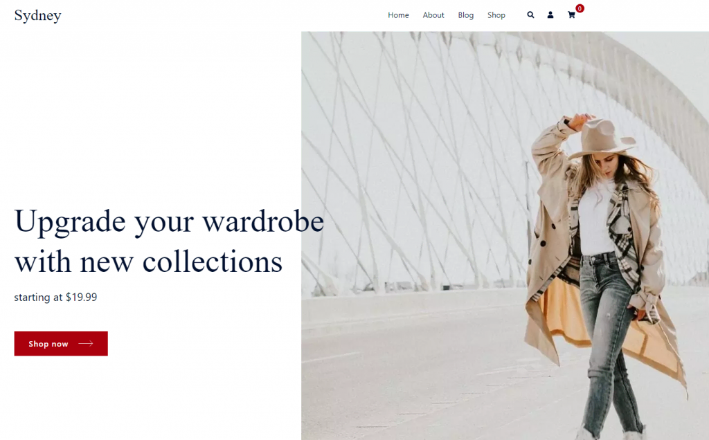 The Sydney theme's demo site for an online store with a Shop now button