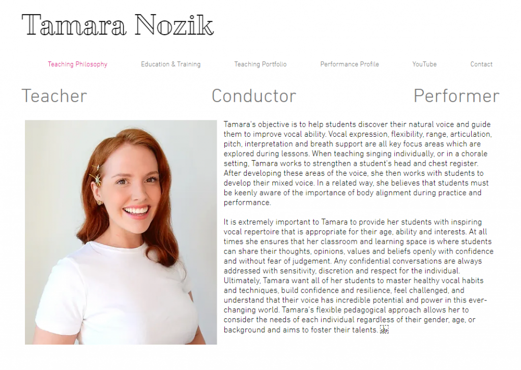 Page d'accueil du site web du professeur Tamara Nozik
