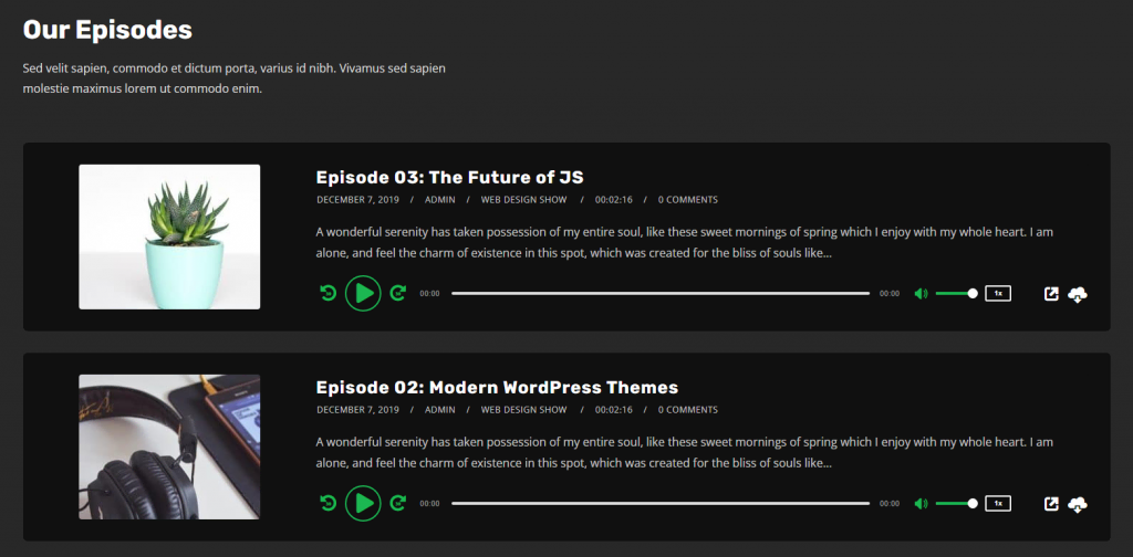 The Our Episodes section of the Tusant theme's demo site showing the podcast players