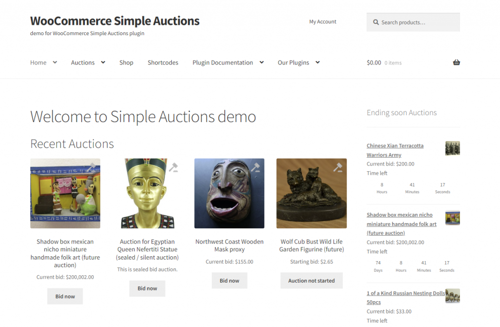 The demo page of WooCommerce Simple Auctions