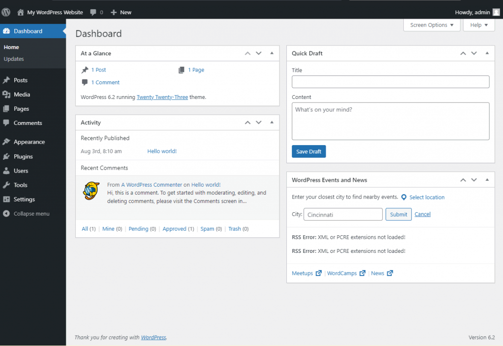 WordPress admin dashboard