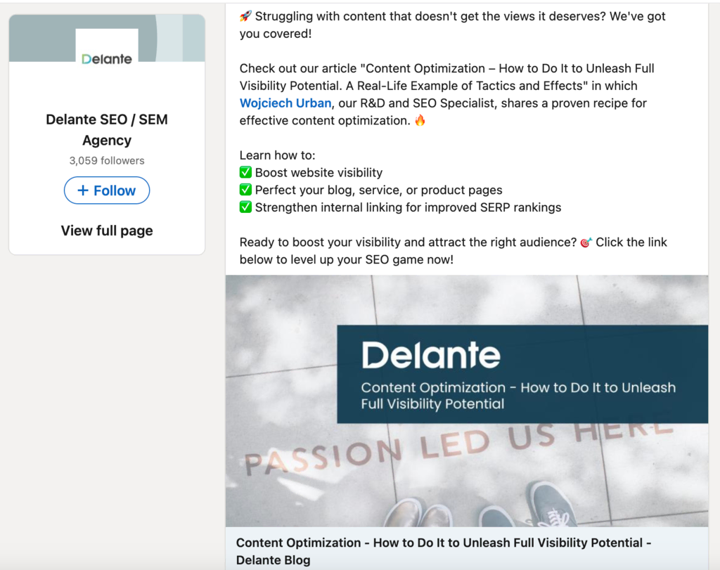 Leading SEO agency, Delante, using Linkedin to share new content with its followers