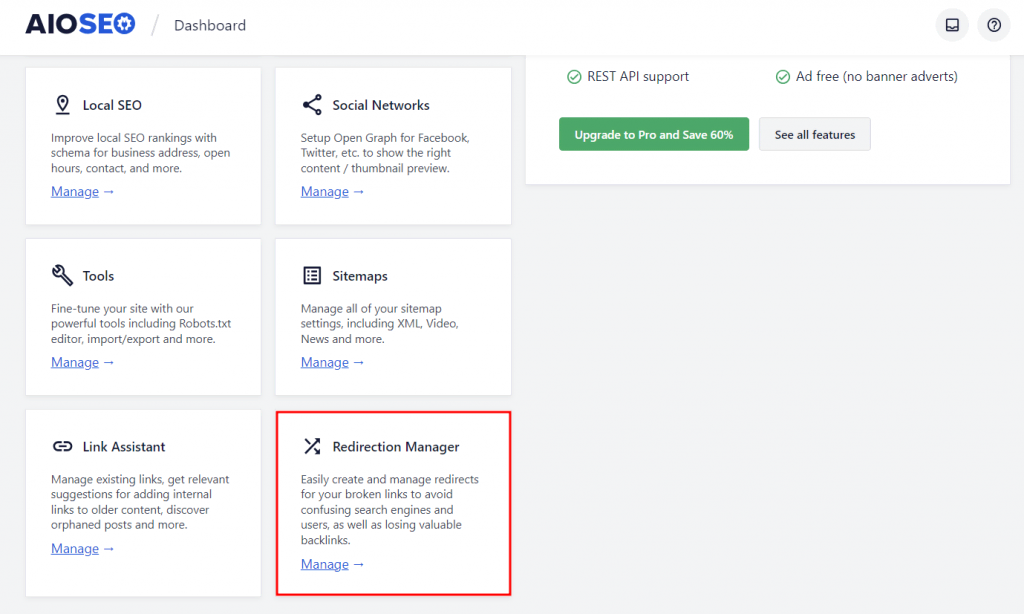 The AIOSEO dashboard in WordPress with the Redirection Manager tab highlighted in red