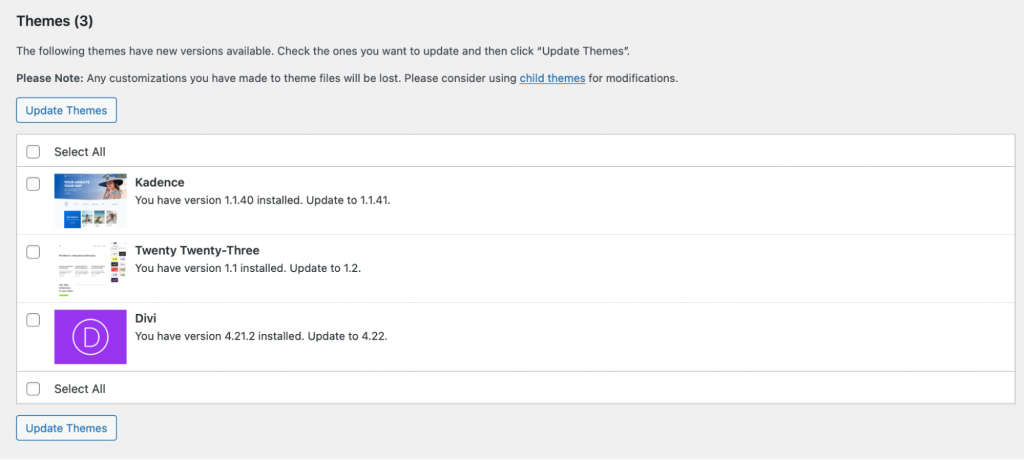 Theme updates in the WordPress dashboard.