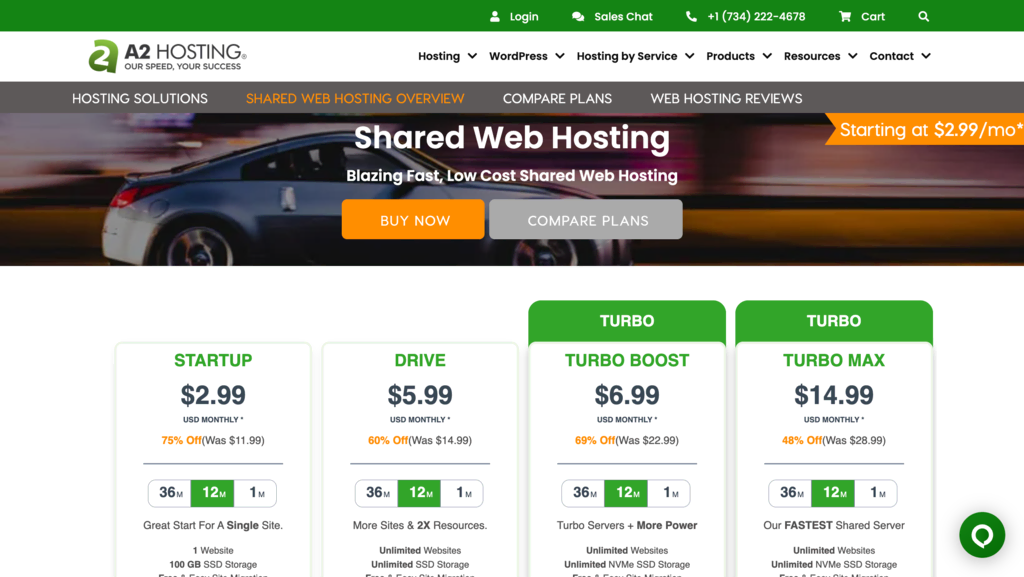 A2 Hosting web hosting landing page