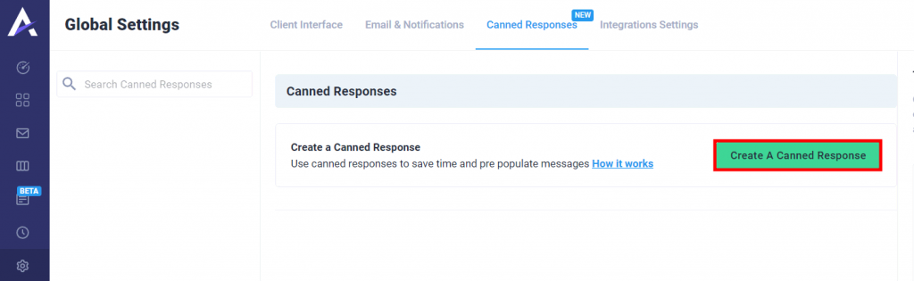 Clicking the Create A Canned Response button on Atarim's Global Settings page