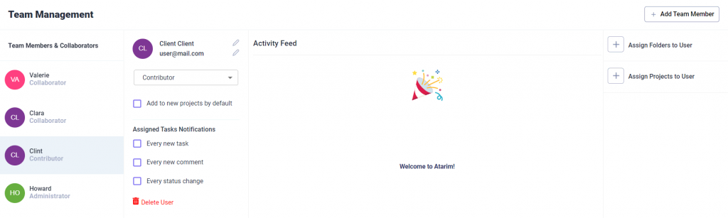 Seeing team members and collaborators' activity feed and notification settings on Atarim's Manage Users page