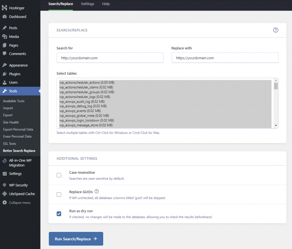 The Search/Replace plugin's interface in the WordPress dashboard