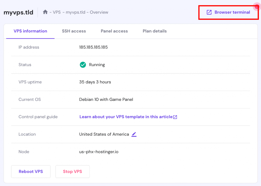 The Browser terminal button location in hPanel's VPS overview menu