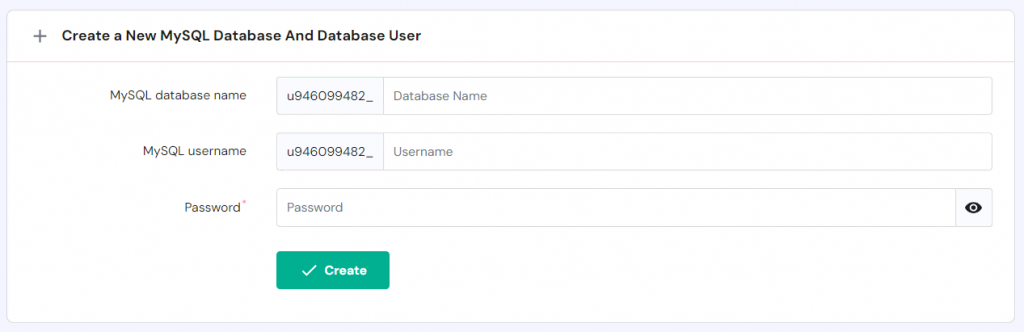 The create a new database page on hPanel.