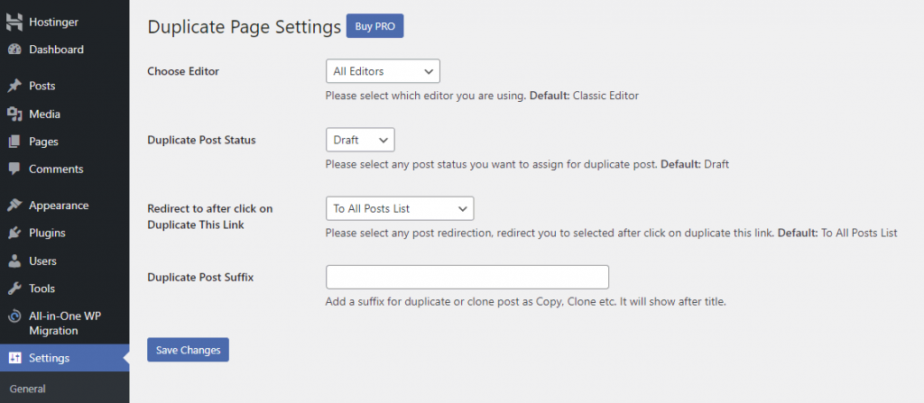 The Duplicate Page plugin settings in WordPress
