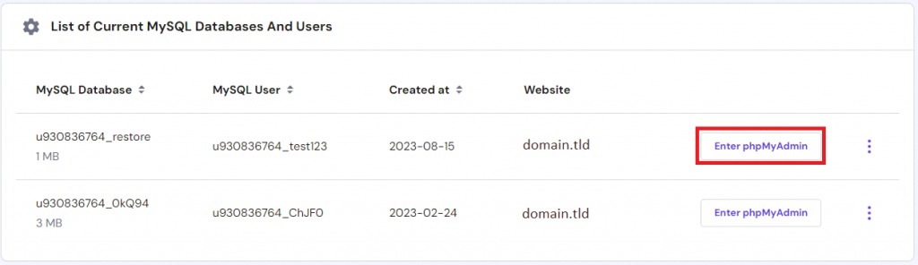Enter phpMyAdmin button highlighted on hPanel.