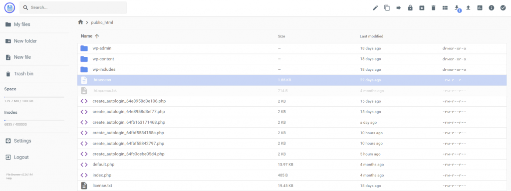 The .htaccess file is highlighted in the root directory.