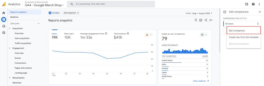 Clicking the Edit comparison button on Google Analytics 4's Reports snapshot page