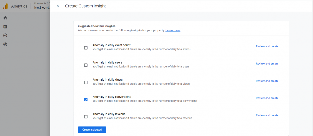 Creating the suggested custom insight 'Anomaly in daily conversions' on Google Analytics 4
