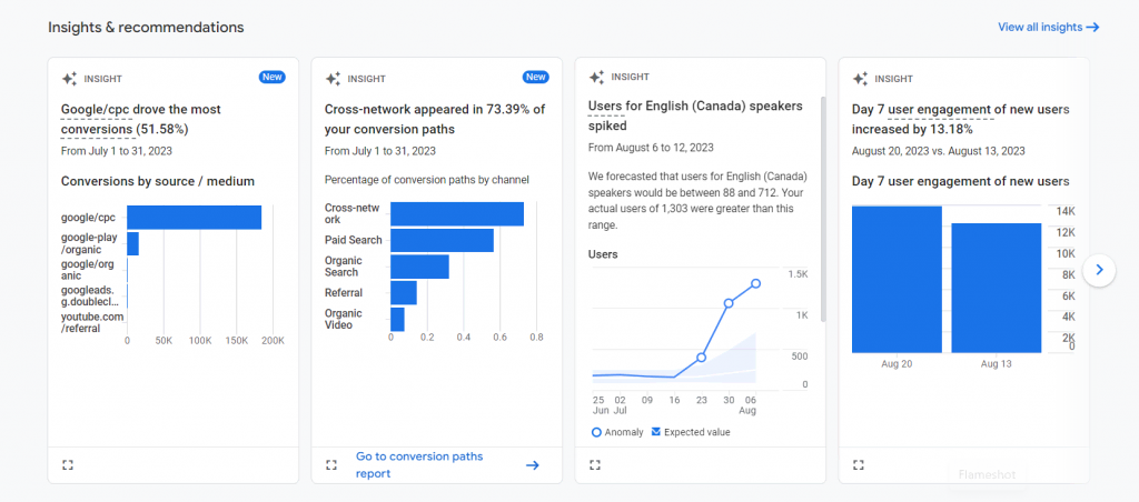 Insights & recommendations section on Google Analytics 4