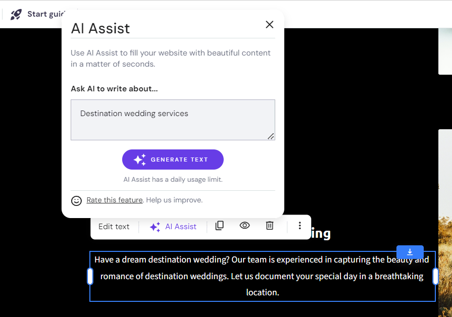 Hostinger's AI Assist feature that can generate content based on a few descriptions